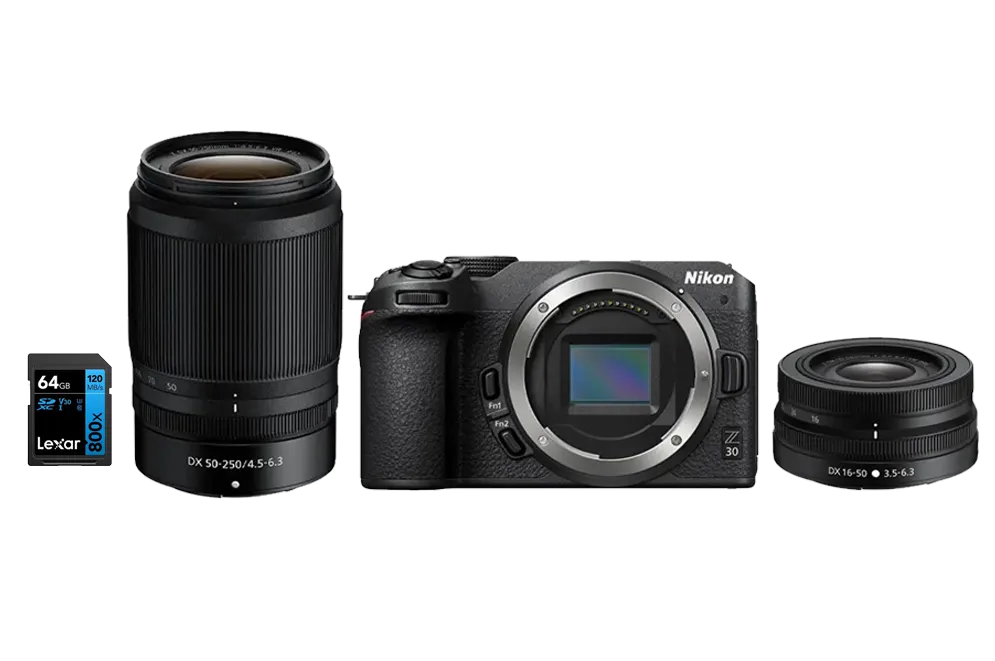 Kit doppio obiettivo Nikon Z30
Kit fotocamera mirrorless Nikon Z30 16-50 mm VR + 50-250 mm VR | 20,9 MP | Video 4K | Scheda di memoria Lexar da 64 GB inclusa