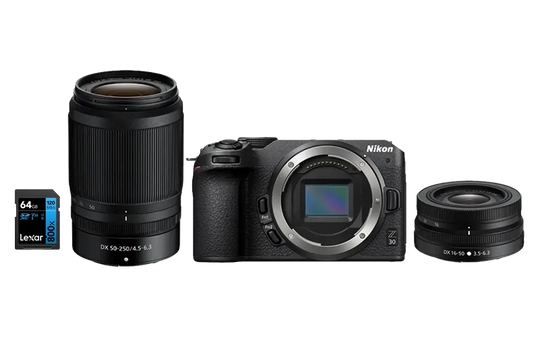 Kit doppio obiettivo Nikon Z30
Kit fotocamera mirrorless Nikon Z30 16-50 mm VR + 50-250 mm VR | 20,9 MP | Video 4K | Scheda di memoria Lexar da 64 GB inclusa
